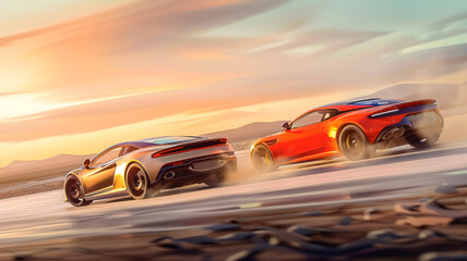 Obraz premium Two muscle cars racing on salt lake, sunset light, motion blur