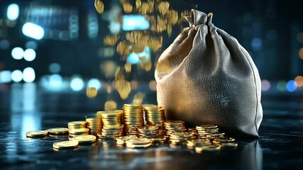 A vivid money bag rendering, raining shimmering gold coins onto a sleek dark surface