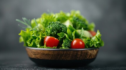 A vibrant bowl of fresh salad featuring broccoli, cherry tomatoes, and leafy greens, set against a dark background, showcasing healthy eating.