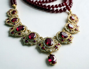 Necklace with rubies on a white background.