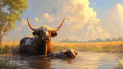 Warm Light Over Cows in a Calm Pond Landscape