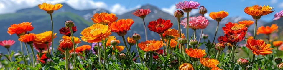 Fototapeta premium A colorful field of zinnias in shades of orange, pink, and red, set against a stunning mountain backdrop under a clear blue sky.
