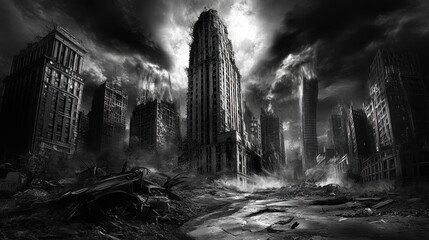 Apocalyptic City Ruins in Black and White