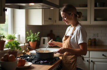 Woman cooking tasty food with vegetables on stove in kitchen, closeup. Smiling woman enjoying while cooking spaghetti for lunch.