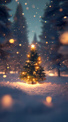 Glowing Christmas tree in snowy landscape