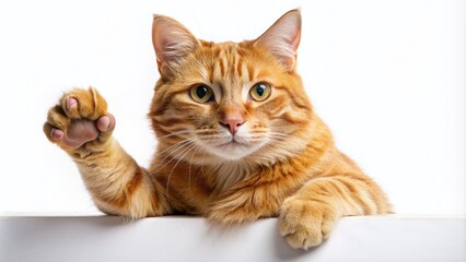 Obraz premium Adorable Half-Body Orange Cat with Outstretched Paw on a Crisp White Background - Perfect for Pet Lovers and Cat Enthusiasts
