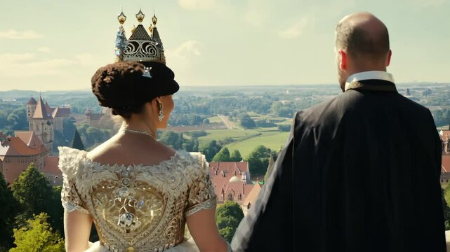 Elegant king and queen look at their possessions, large kingdom. Regal couple gazes out from castle balcony. Ornate gown, crown, elegance and grace. Historical fantasy fairy tale story. Royal family.