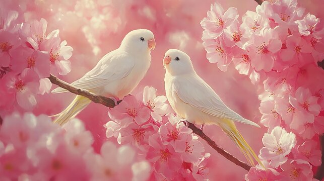 Playful parakeets hopping around vibrant pink cherry blossom clusters, soft petals surrounding them, delicate spring light casting gentle shadows, intricate feather details,