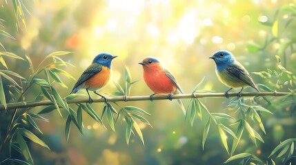 Obraz premium Songbirds perched on bamboo in a peaceful forest, vibrant colors standing out against the lush greenery, sunlight creating soft highlights, intricate feather and foliage details,