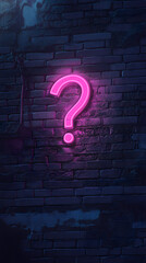 Pink neon question mark on brick wall