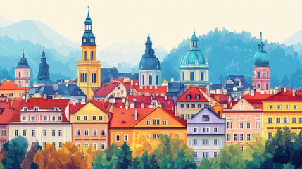 Obraz premium Graz, Austria, Pop Art style theme print. Cityscape, city skyline.Vibrant, bright, modern, trendy, graphic designed for poster, card, wallpaper