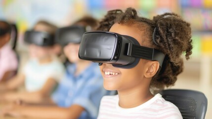 A young girl smiles while wearing a virtual reality headset in a classroom filled with engaged peers, showcasing the integration of technology in education.