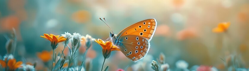 Obraz premium Closeup of a butterfly gently landing on a flower petal, slowmotion capturing the delicate flutter of its wings, surrounded by vibrant wildflowers