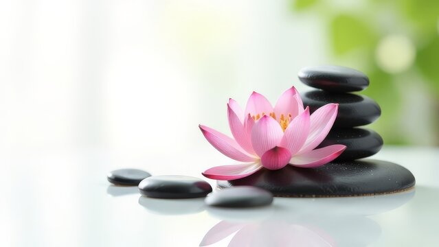 Massage pebbles with lotus flower on a white background.