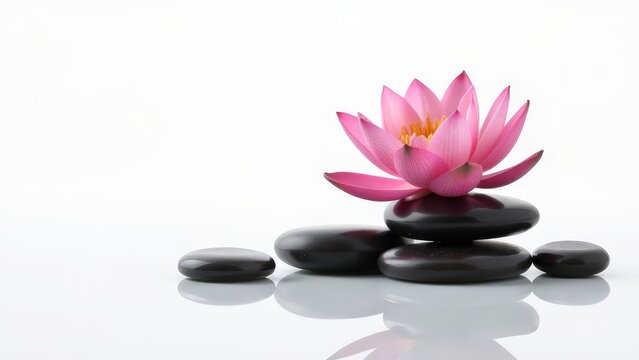 Massage pebbles with lotus flower on a white background.