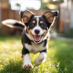 A playful puppy chasing its tail in a sunny backyard, with a joyful expression