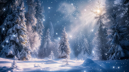 Fototapeta premium An enchanting winter wonderland with snow-covered trees, twinkling icicles, and a star-filled night sky.