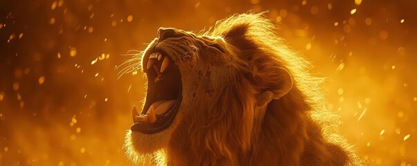 Slowmotion of a lion roaring, mane catching the wind, the savannah stretching endlessly behind it, golden light illuminating its powerful stance