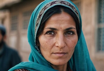 A woman 45 years old in Afghanistan stands confidently, wearing a beautifully patterned scarf. The mountainous landscape emphasizes her strength and connection to her heritage. Generative AI