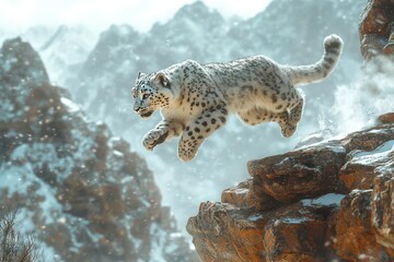 Fototapeta premium Snow Leopard Leaping A snow leopard leaping from one rocky ledge to another, muscles tensing in slow motion as it glides gracefully through the snowy mountain landscape