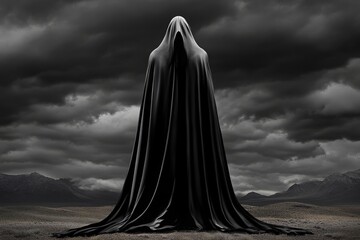 Tall, dark figure in a hooded cloak standing in a field under stormy skies, capturing the foreboding presence and power of evil in the open, symbolizing intensity and dread
