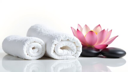Massage pebbles with lotus flower on a white background.