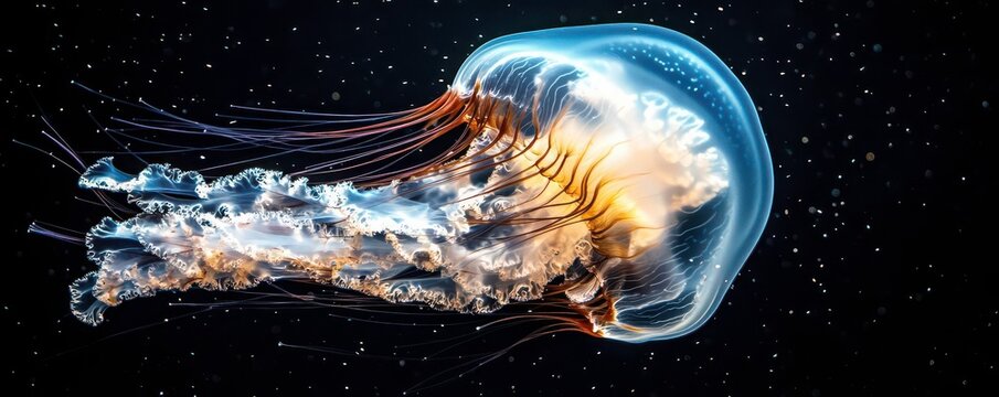Jellyfish Floating A translucent jellyfish pulsing gently as it drifts through the ocean in slow motion, its tentacles trailing behind it like delicate ribbons in the water