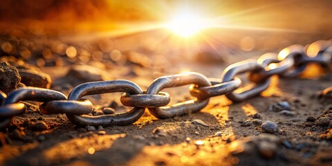 A chain of interconnected metal links rests on the ground, bathed in the warm glow of the setting sun, each link representing strength and resilience.