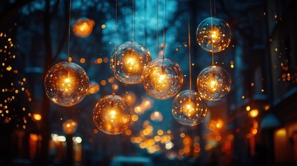 String of glowing glass orbs hanging from a tree branch with a blurred city lights in the background.