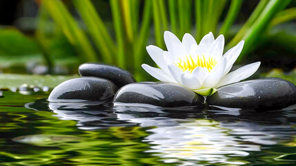 A white water lily surrounded by black zen stones on the water’s surface, creating a peaceful and harmonious ambiance. Ideal for promoting relaxation, meditation, and spa-themed content.