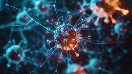 Obraz premium An abstract representation of the Coronavirus or flu virus, featuring a network of interconnected virus particles against a dark background.