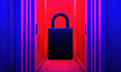 A black padlock in a vibrant red and blue corridor, symbolizing security and protection in a digital age.