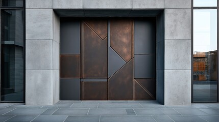 Modern architectural entrance with geometric metal door and concrete facade, featuring large glass windows reflecting urban surroundings