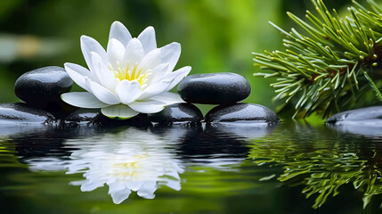 Zen basalt stones arranged with a delicate water lily flower on a white background, creating a serene and harmonious scene perfect for wellness, relaxation, and mindfulness themes.