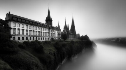 Fototapeta premium Enchanting Cathedral Overlooking a Misty Landscape