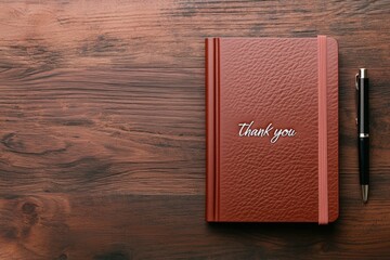  Thank You Note with Business Gifts Concept. A brown notebook with "Thank you" embossed on the cover rests on a wooden table next to a pen