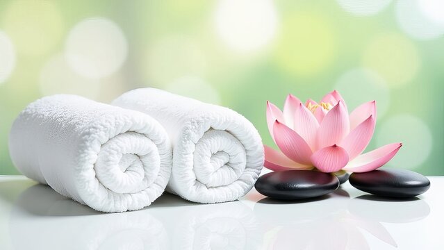 Massage pebbles with lotus flower on a white background.