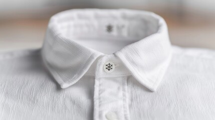 A close-up view of a white shirt collar featuring a button, showcasing its texture and detail.