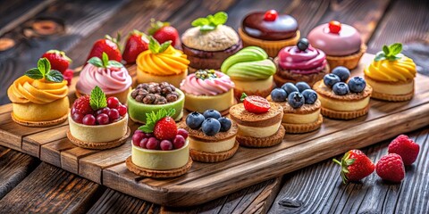 Fototapeta premium A Delectable Array of Miniature Desserts Adorned with Fresh Berries and Whipped Cream, Presented on a Rustic Wooden Platter