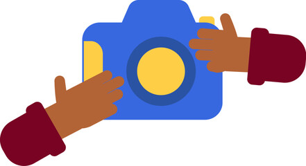 Vector illustration of hands taking a picture with a colorful camera in a flat cartoon style. Festivals and picturesque places. Tourism, traveling in pictures. Photography. The illustration is suitabl