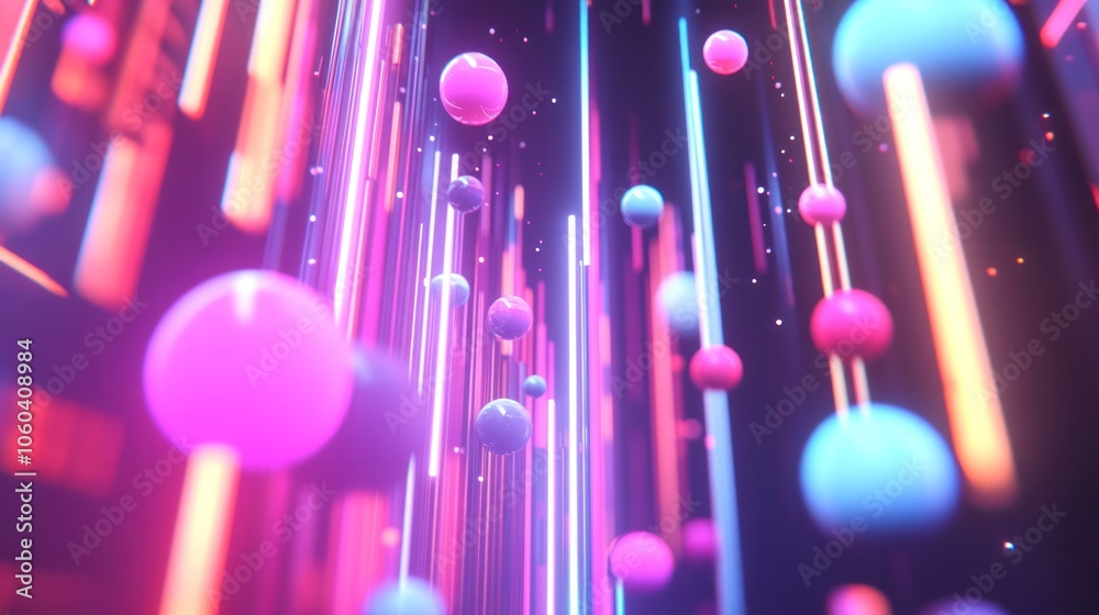 Poster a data visualization scene, where translucent bars and spheres float in a virtual space, representin