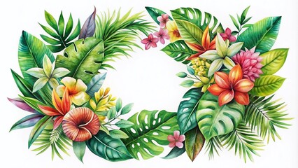 Aerial View of a Watercolor Wreath with Tropical Flowers and Lush Leaves for Nature Lovers, Botanical Decor, and Artistic Illustrations in Vibrant Colors