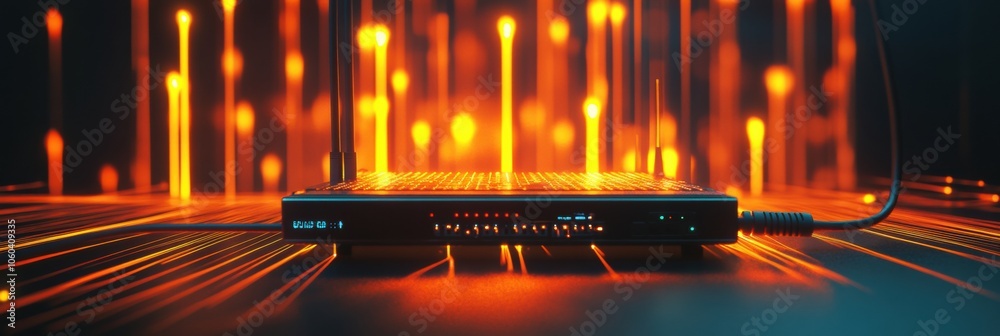 Poster The image features a router surrounded by network cables and glowing lines, illustrating the concept of data flow and connectivity. Generative AI