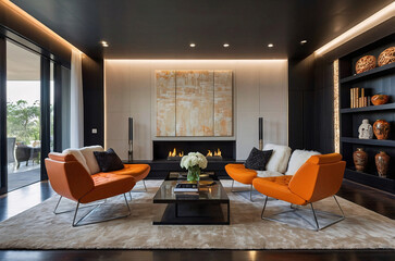 Minimalist home interior design of stylish living room featuring modern white chairs and an abstract orange painting