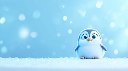 Obraz premium Baby penguin sitting by blank white board, icy theme, 3D illustration