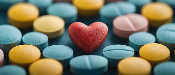 A vibrant red heart surrounded by colorful pills on a dark background, symbolizing love and wellness.