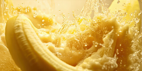 A banana is being sliced and is being poured into a glass of milk