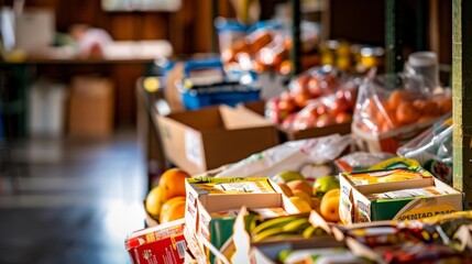 Donated food boxes ready for distribution at a local food bank, helping those facing food insecurity. Shelves stocked with fresh produce, fruit, vegetables, and pantry staples for those in need