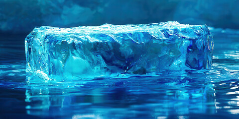 A blue ice cube is floating in the water