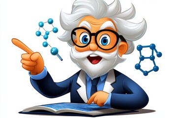 a 2D cartoon illustration of a teacher holding a pointer at a periodic table explaining science white background